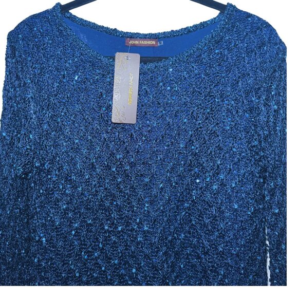 John Fashion Blue Sequin Knit Sweater with Chiffon Hem Detail Size Medium NEW - Picture 3 of 5
